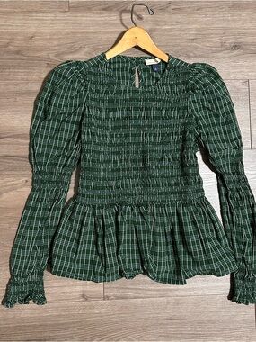 Dark Green Plaid Smocked Peplum Top Smocked Cuffs
